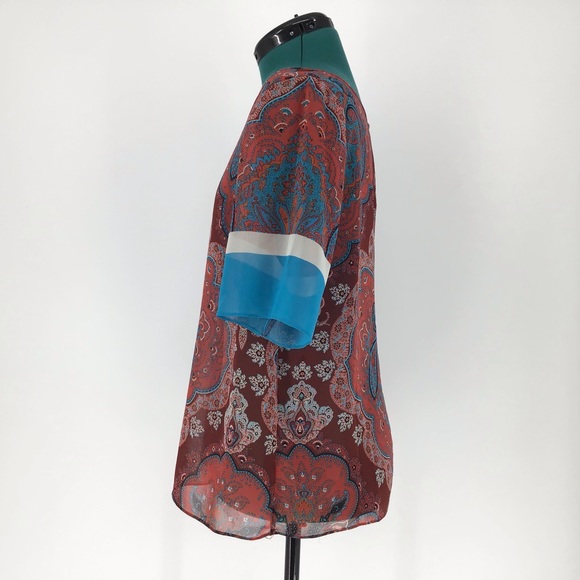 INC Sheer Red Paisley Short Sleeve Top, 12 - Picture 5 of 16